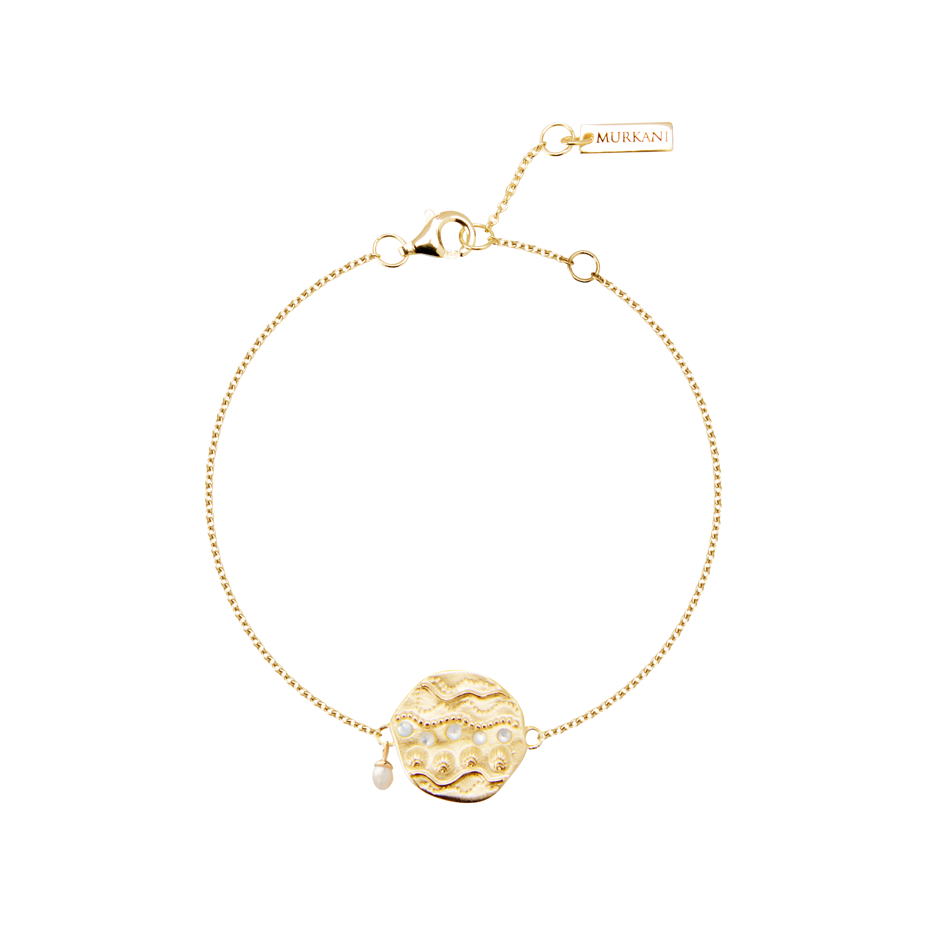 Gold bracelet with a decorative charm on a white background